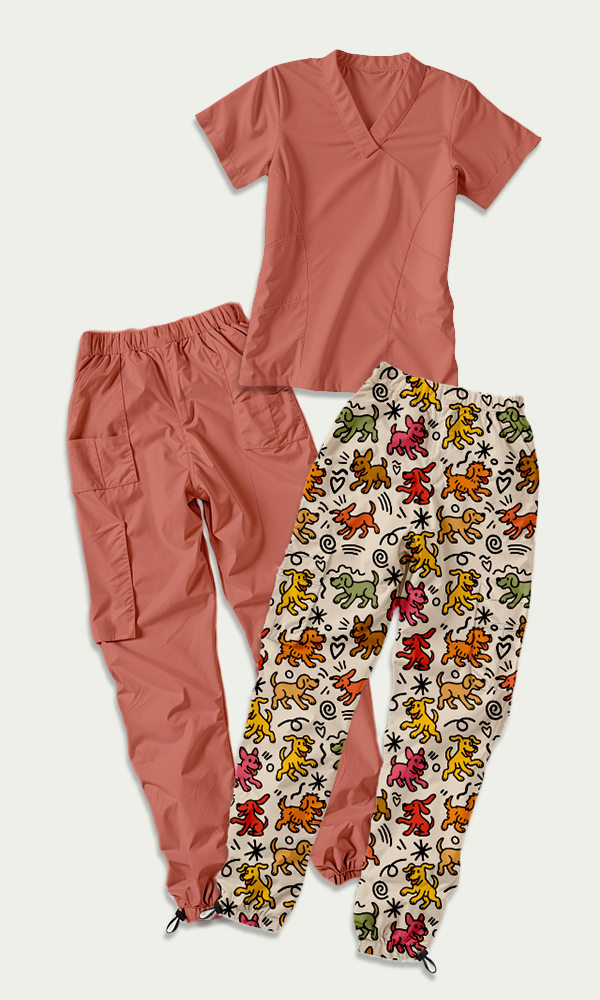 SET: Scrub rojo terracota + pantalón Tribu