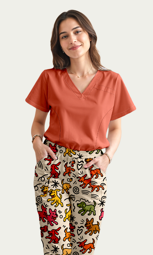 SET: Scrub rojo terracota + pantalón Tribu